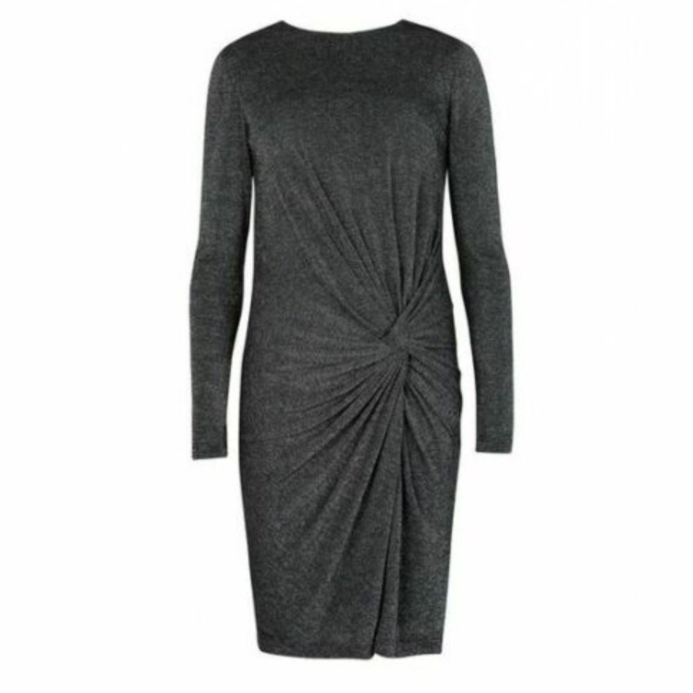 Ted Baker Silver Metallic Twist Long Sleeve Mini Sheath Dress